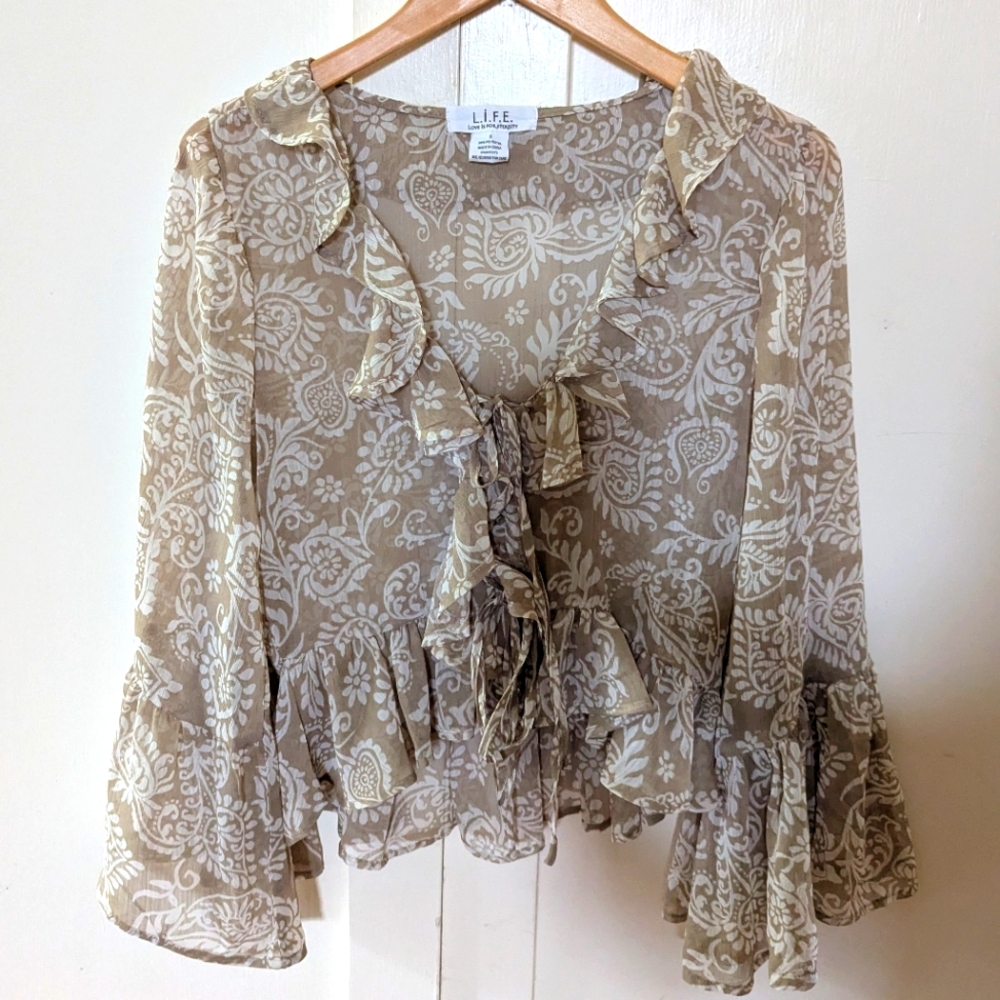 L.I.F.E. Ruffled Tie Front Blouse with 3/4 Bell Sleeves in Cream and Tan